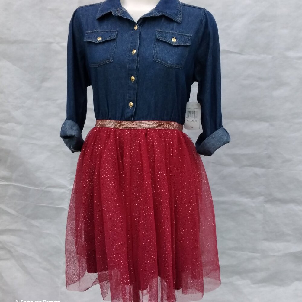 Lilt Blue Denim Top & Red Crinoline Bottom W/Gold Sparkle Dress Teen XXL NWT